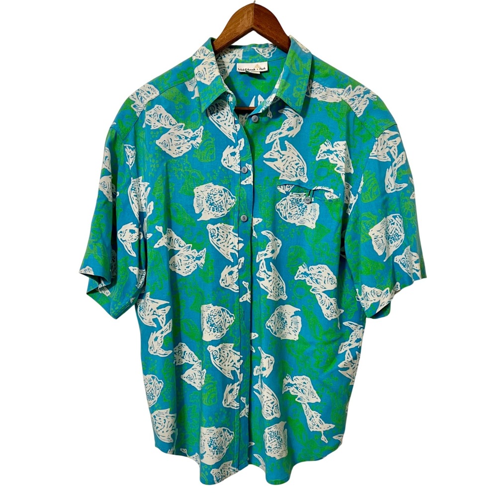 Middlebrook Park Hawaiian‎ Fish Print Button Up Shirt Women Size S Short Sleeve